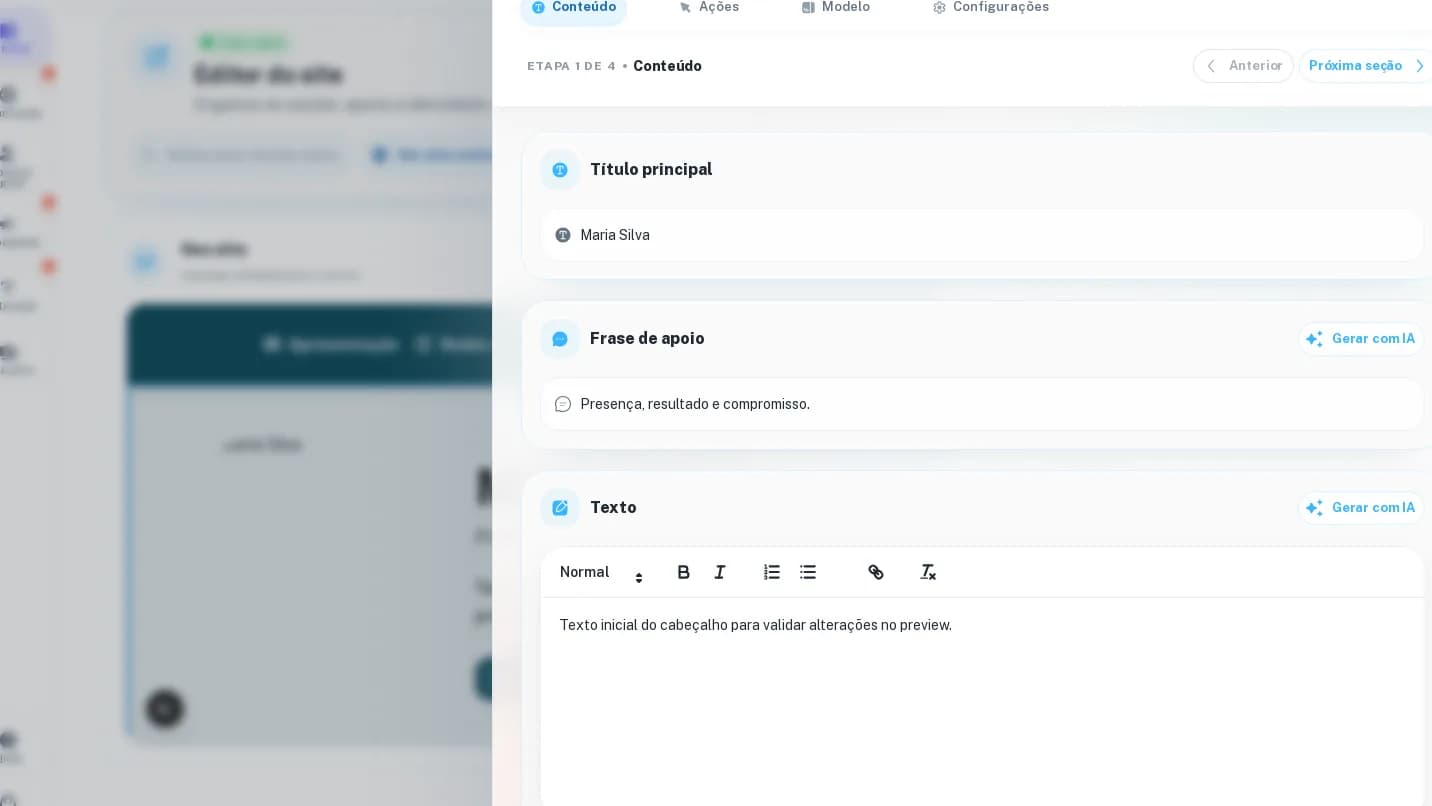 Painel visual de um site para candidato com propostas, agenda, notícias e canais oficiais