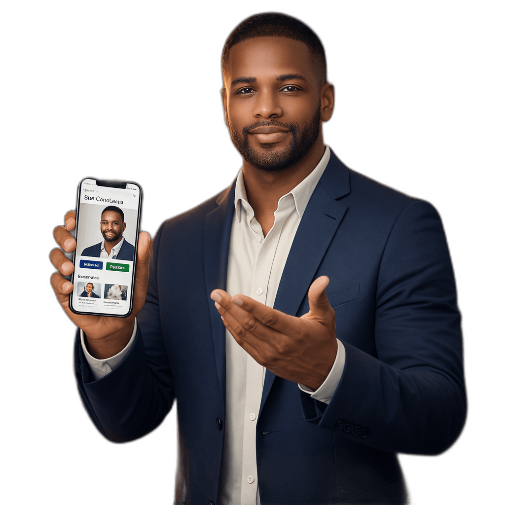 Candidato segurando um celular com propostas, agenda e contato da campanha na tela