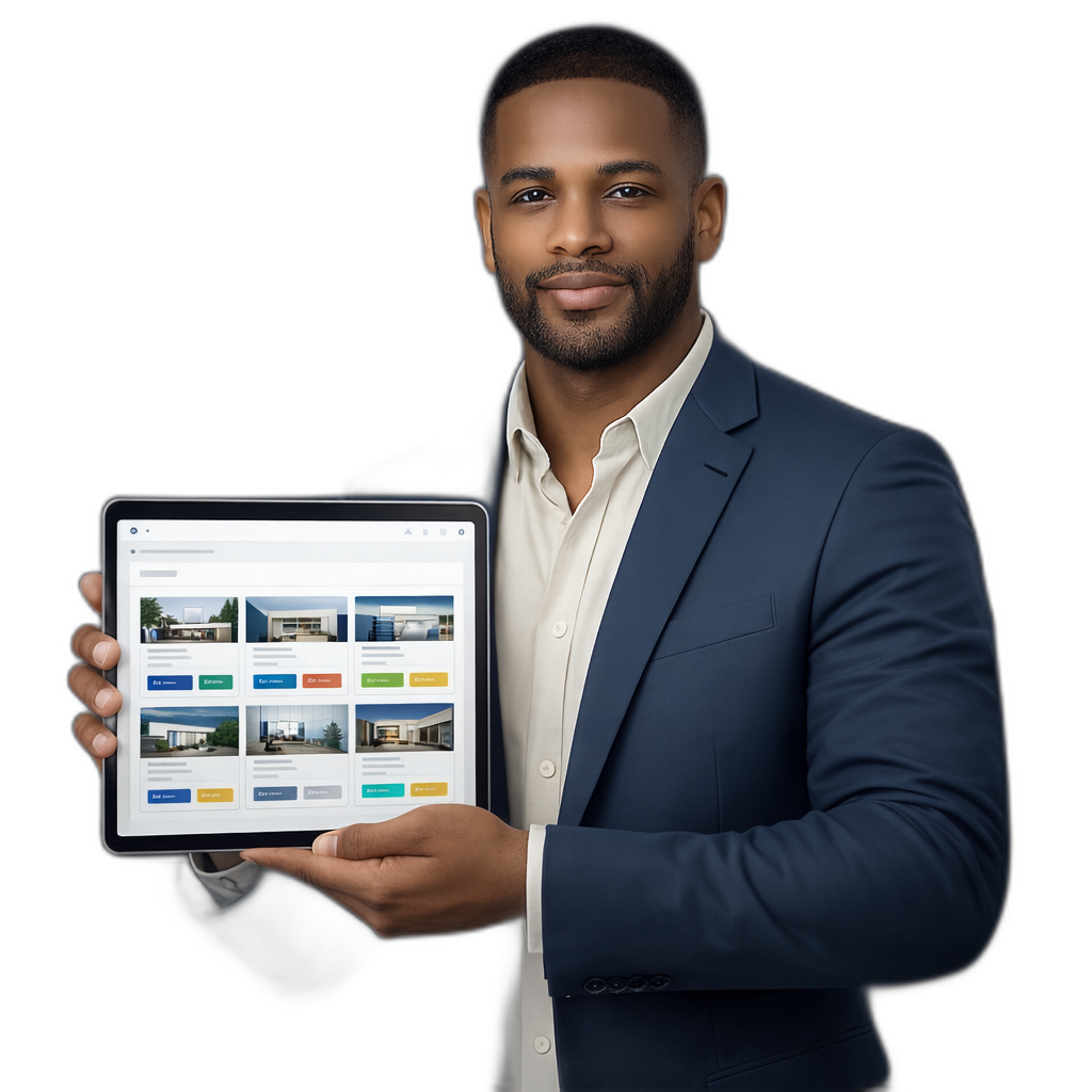 Politico segurando um tablet com dashboard white-label e multiplos sites na tela