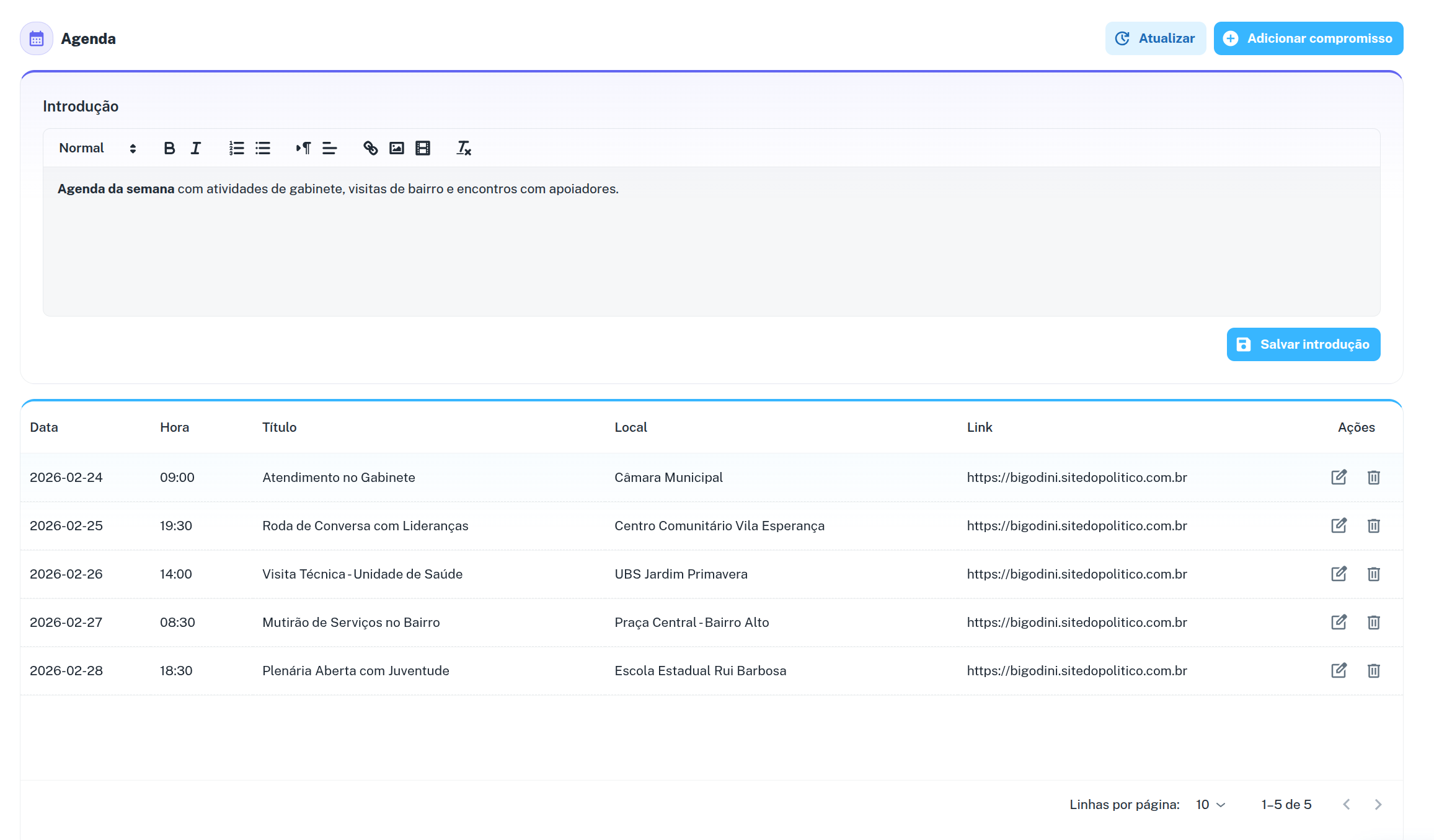 Exemplo real de site político: Agenda e pendências da equipe